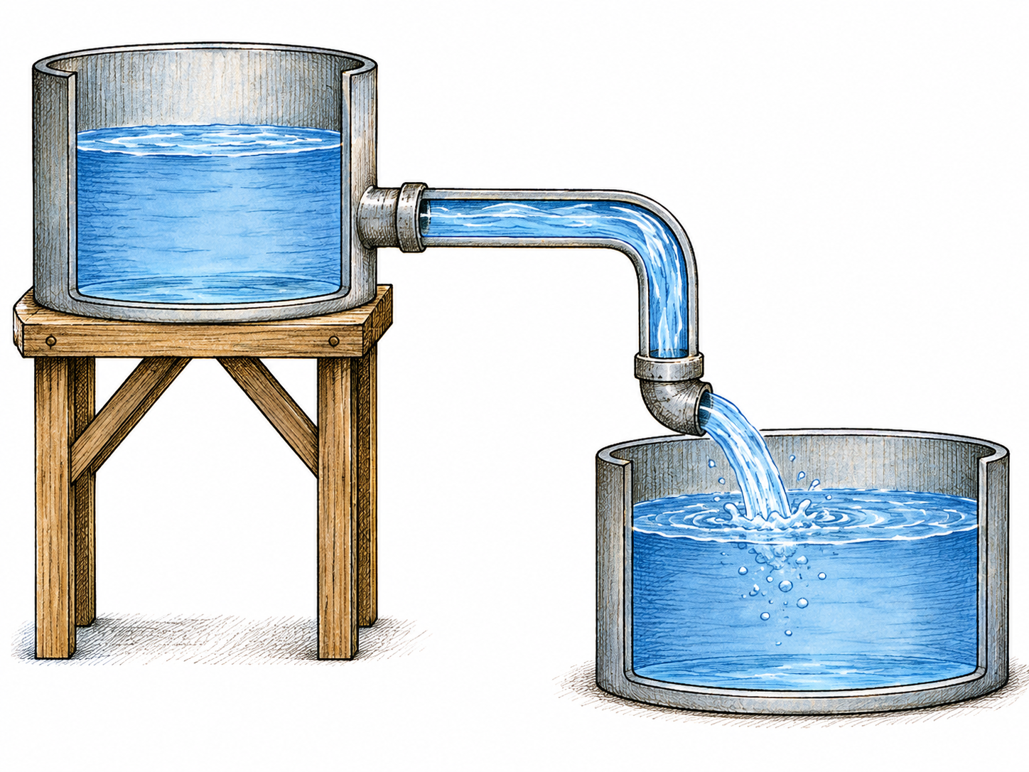 A clean bent pipe carries visible water from one small tank to another in a simple cutaway; tube function, no plumbing instructions or labels.