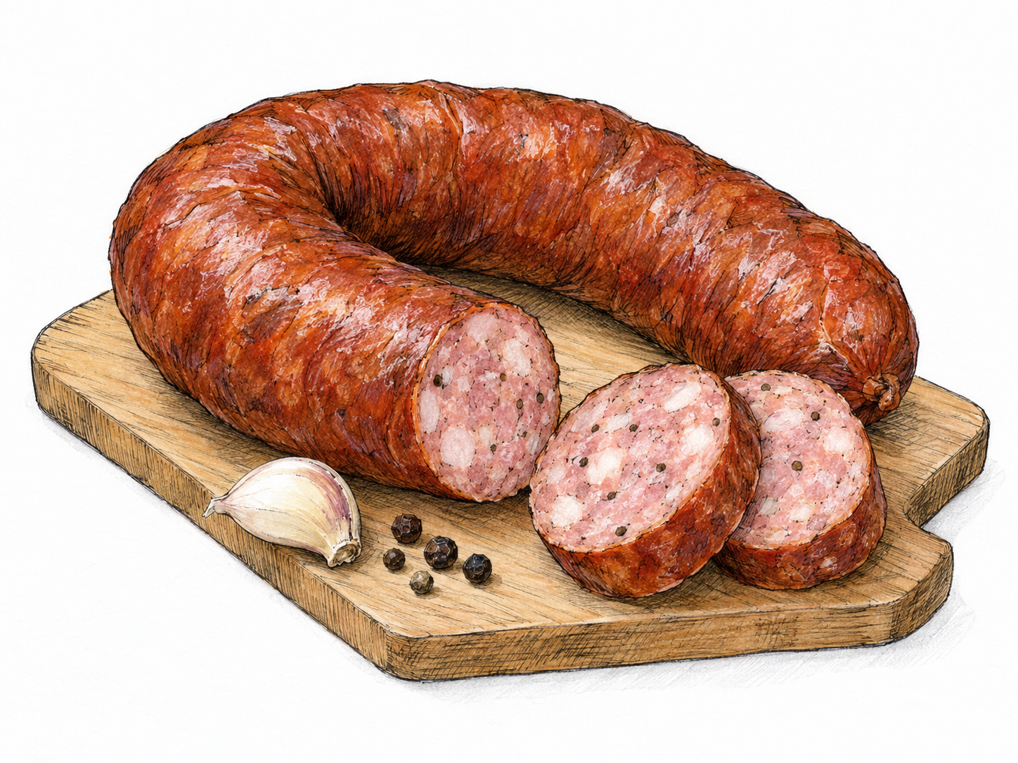 A close, appetizing still life of smoked kielbasa: a thick horseshoe-shaped sausage with reddish-brown casing, one end sliced to reveal coarse pink meat, pale fat pieces, and pepper flecks.