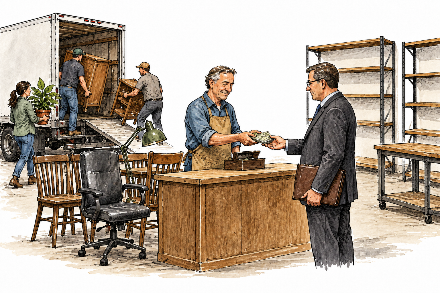 Closing shop owner oversees sale of remaining furniture and equipment while paying creditor from proceeds, bare shelves, no written signs.