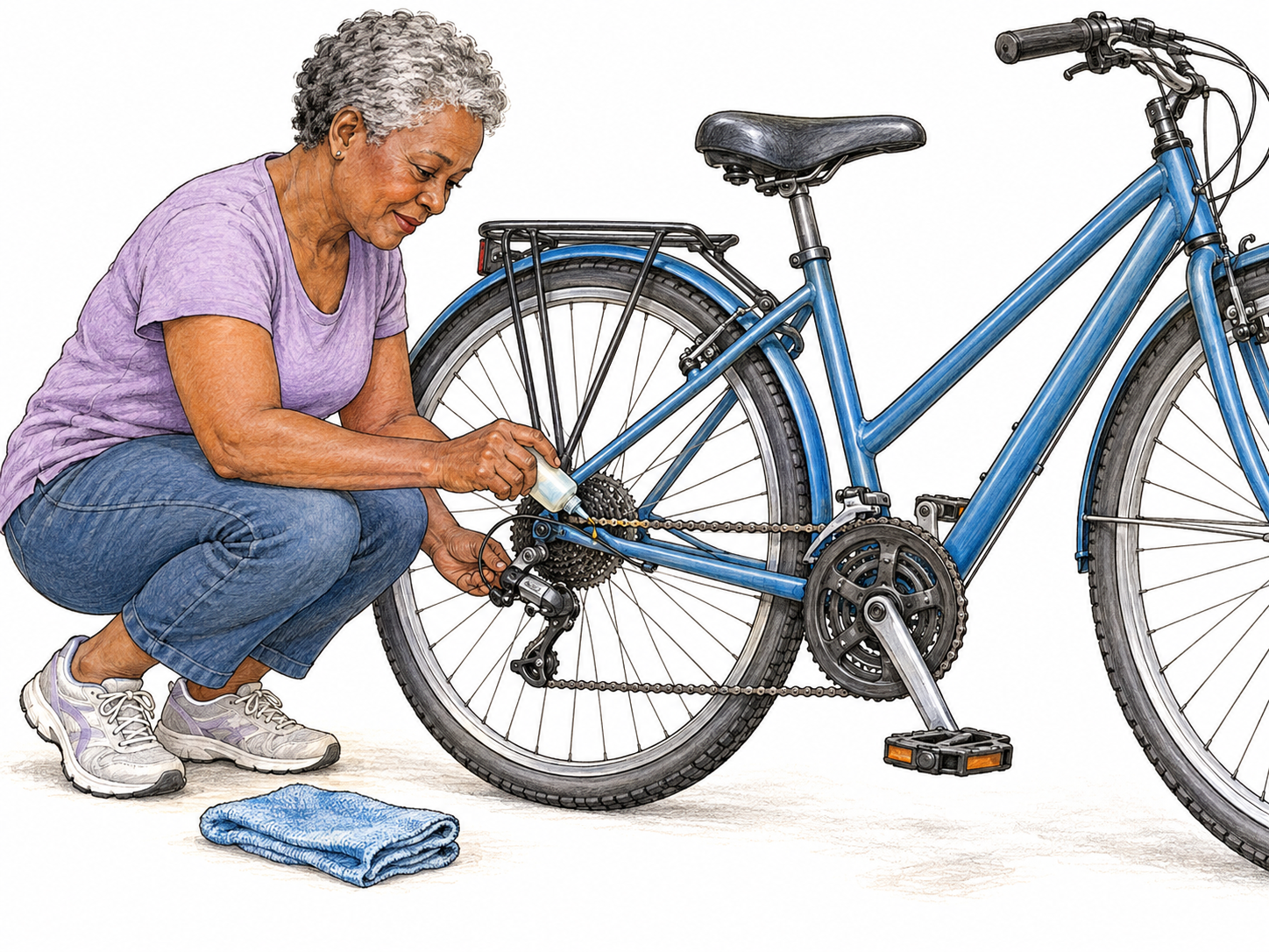 An older woman lubricates the chain of an intact, well-kept bicycle: routine care rather than repairing a broken part.