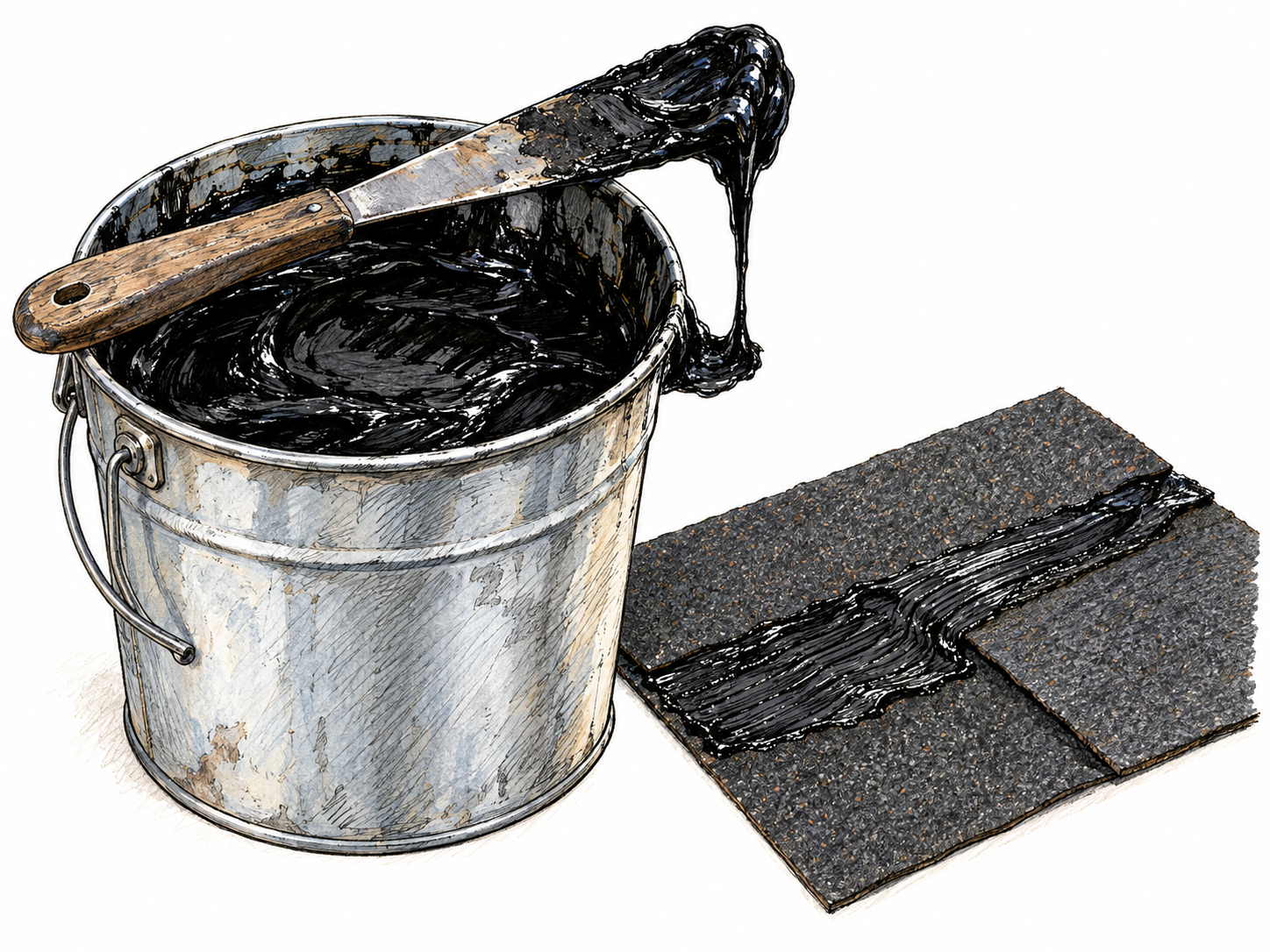 A close-up roofing-material study: thick black bitumen stretches from a lifted spreading blade into an open metal pail beside a small roofing-membrane sample with a freshly coated overlapping seam.