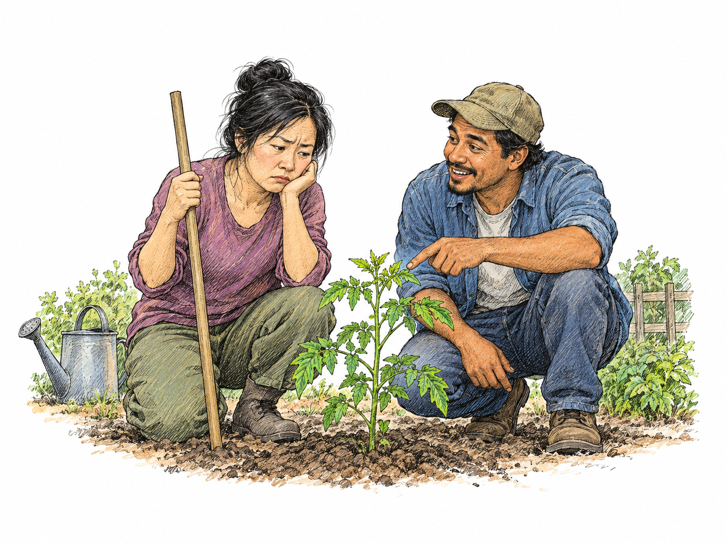 A doubtful gardener looks glumly at a healthy young plant and holds an unused support stake, expecting it to fail while a companion points out its fresh growth.