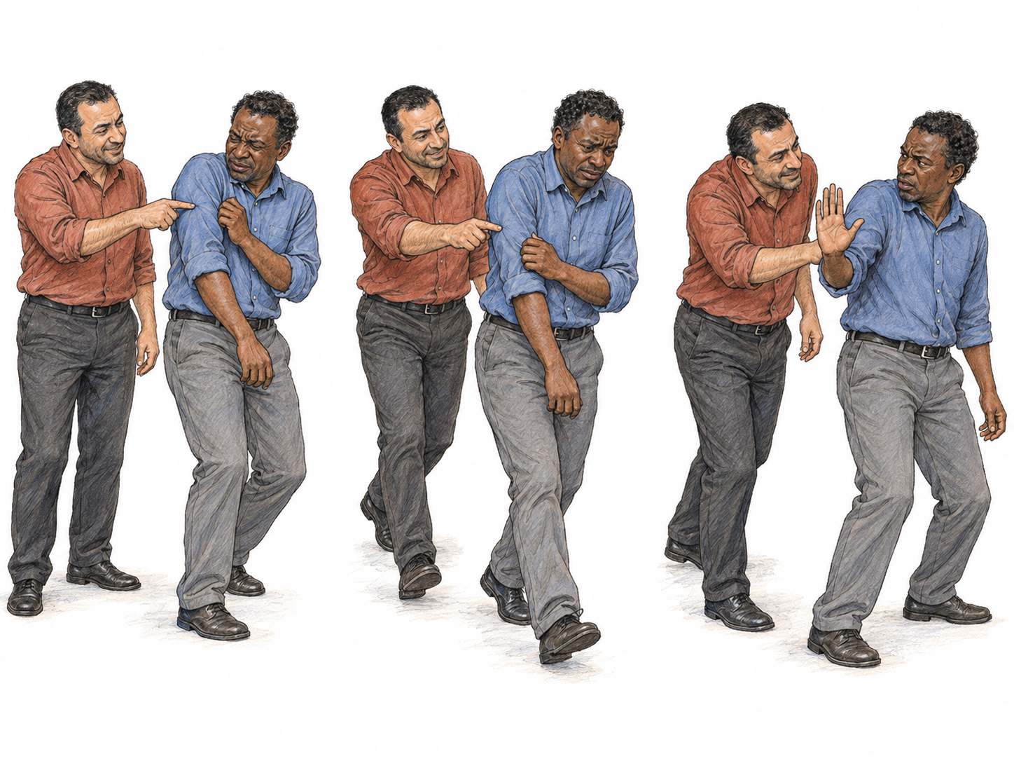 Three small sequential vignettes show the same tormentor persistently jabbing another man's shoulder, following when the distressed man moves away and continuing despite his raised stop gesture.