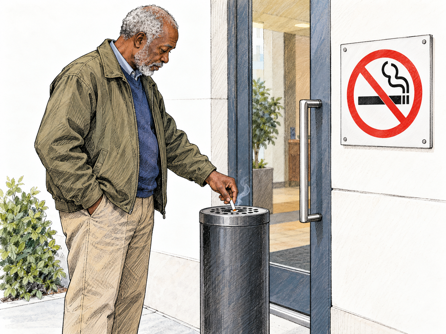 A prominently displayed no-smoking pictogram establishes a rule of conduct; an arriving man follows it by extinguishing his cigarette in an outdoor ash receptacle before entering.
