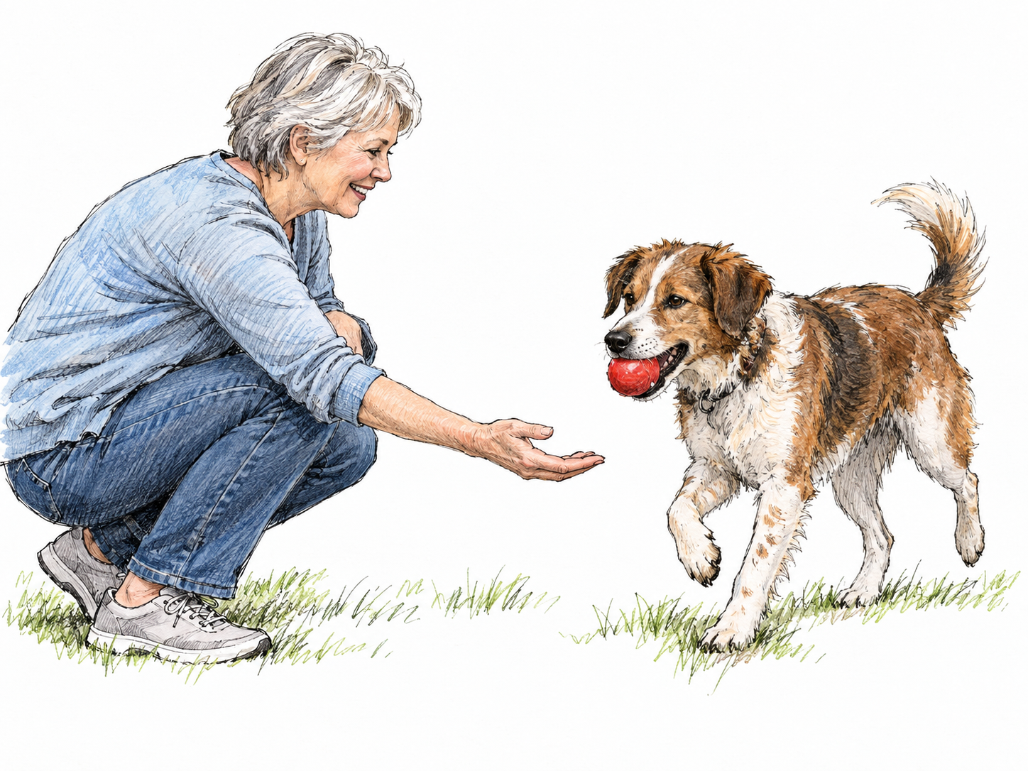 A dog runs back toward its waiting owner with a retrieved ball in its mouth, making the familiar action of fetching immediately recognizable.