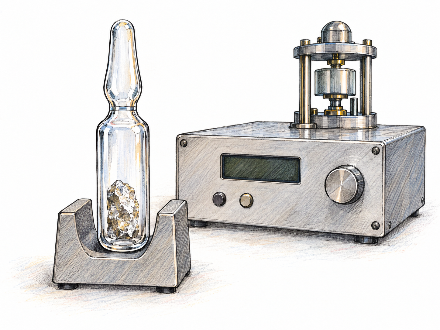 A sealed glass ampoule holding a small, soft-looking silvery cesium sample beside a compact laboratory atomic-clock instrument, connecting the element with its timekeeping use without adding people.