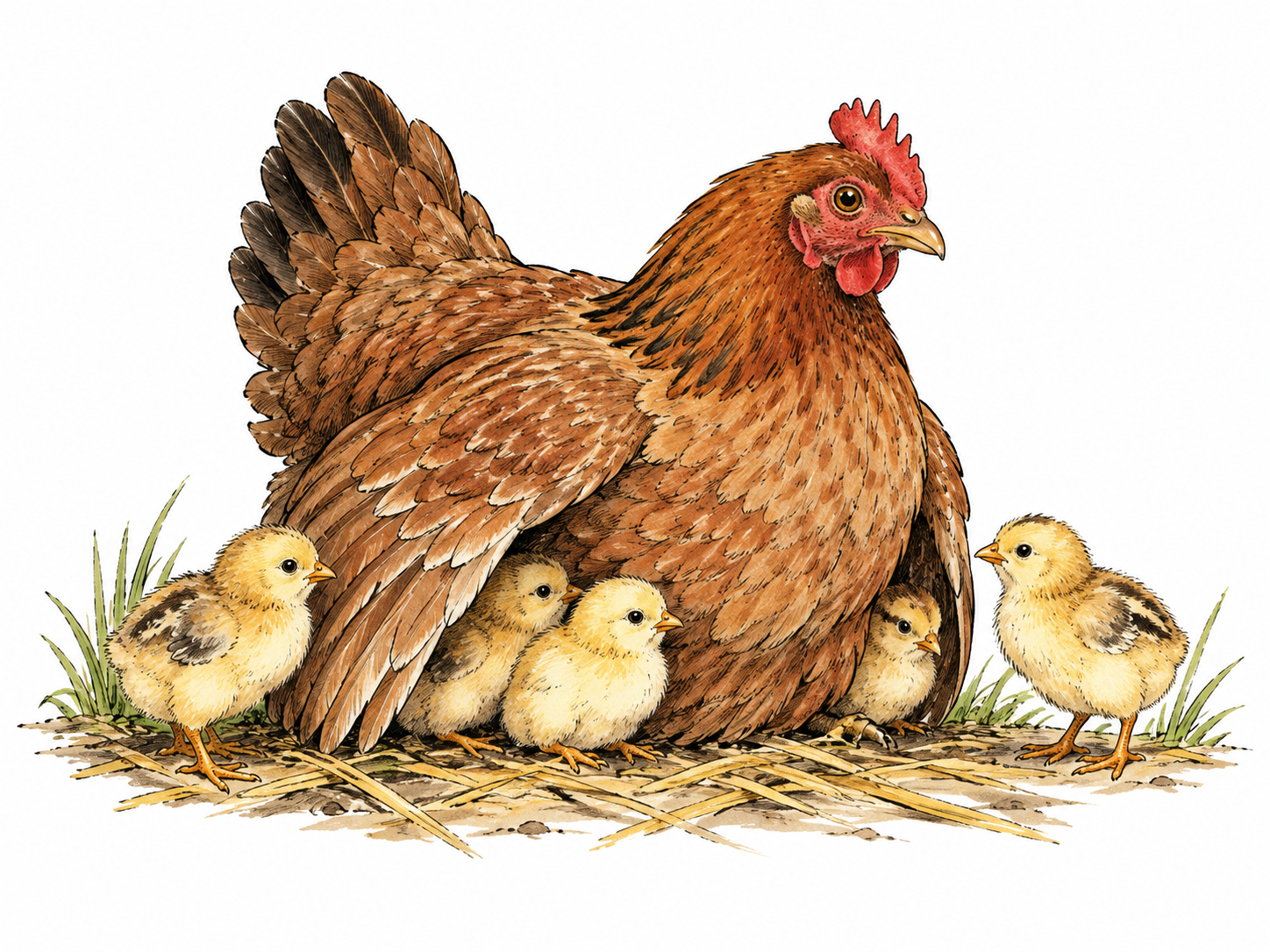 A brown hen surrounded by her own chicks, several small chicks gather under her wing, natural farm setting and correct bird anatomy.