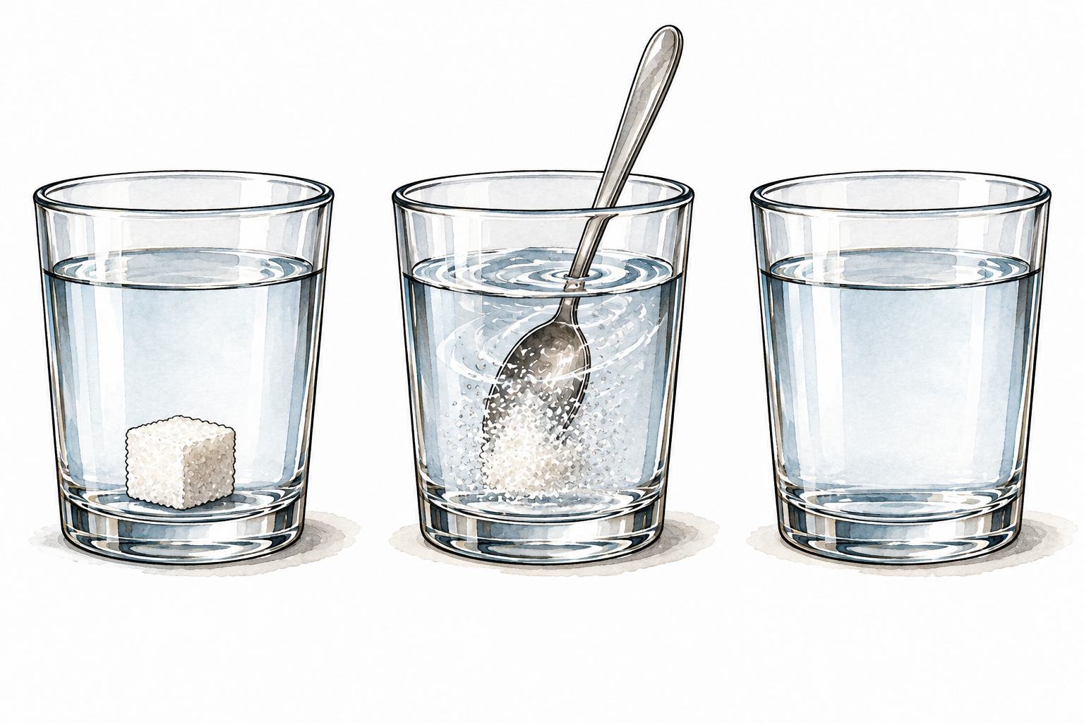 Three clear glasses show a sugar cube in water, stirring with shrinking granules, then clear water with no visible sugar.