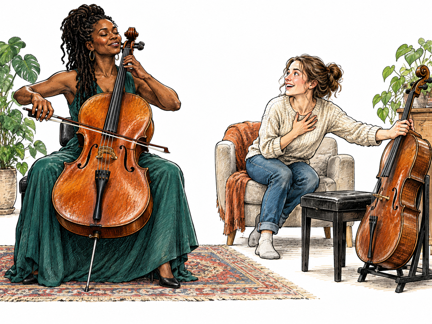 An accomplished Black female cellist performs for a young adult white woman who watches with renewed enthusiasm and reaches for her own cello to practice.