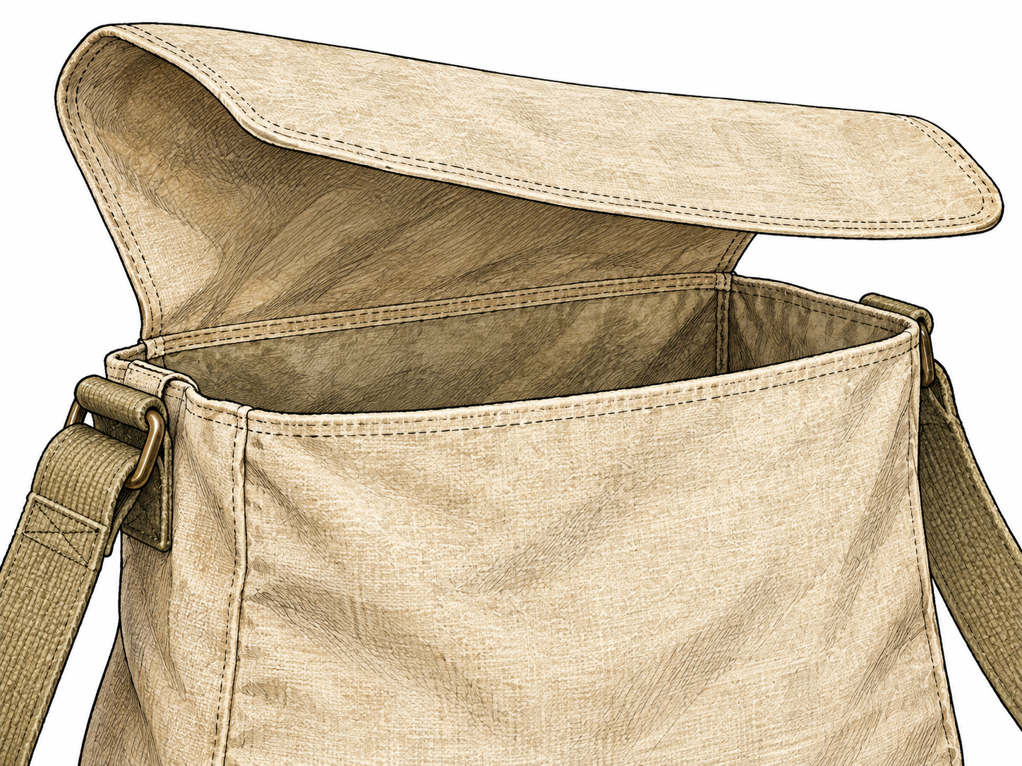 A plain canvas bag has a broad flat top flap lifted, clearly attached along one edge and ready to fold over its opening.