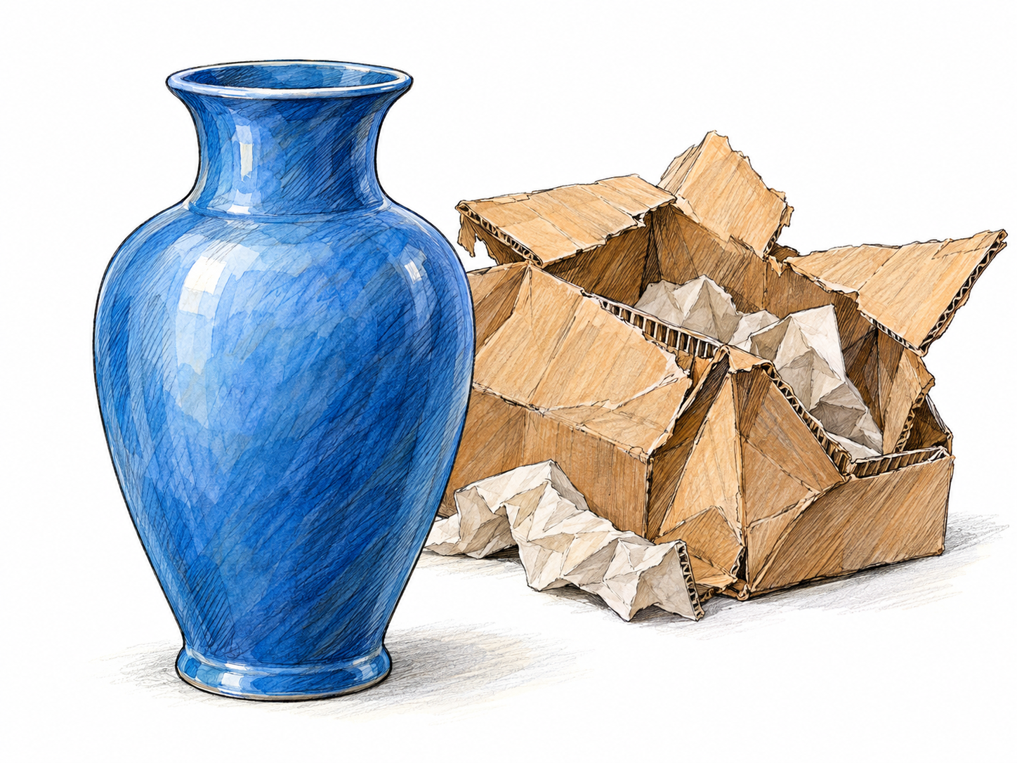 A whole ceramic vase stands beside its crushed, opened shipping box.