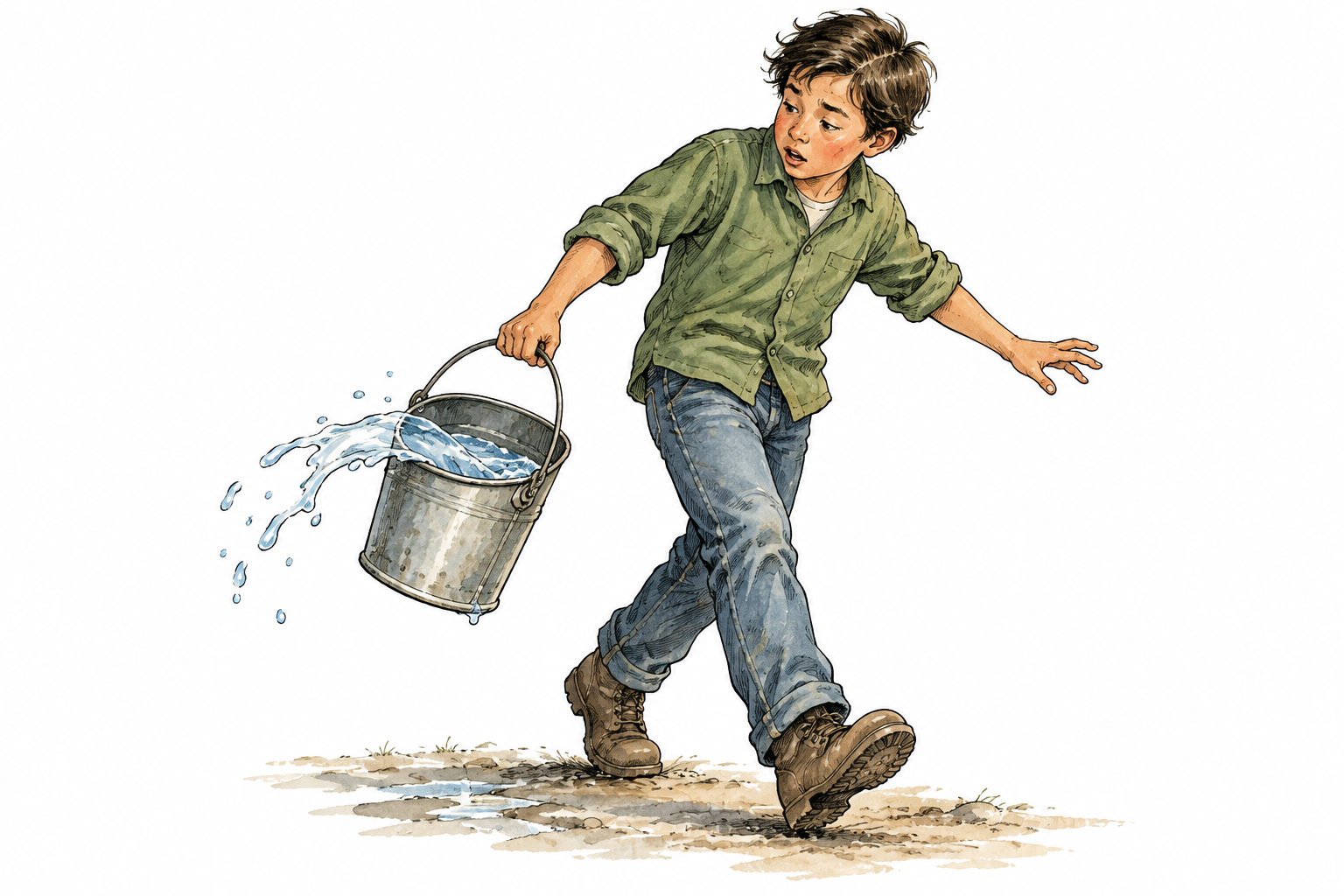 A person carrying a bucket that tips slightly, water visibly sloshing over the rim in a curved splash, natural movement.