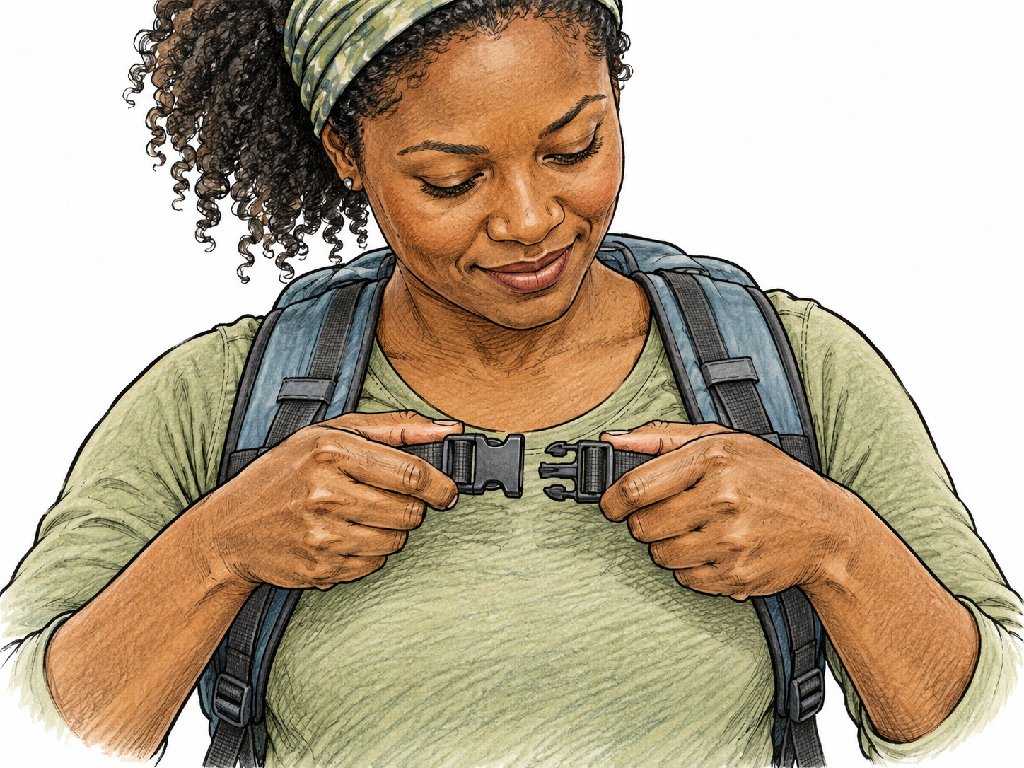 Close view of a Black adult woman securely fastening a small backpack buckle, two hands visibly joining the matching clasp halves.