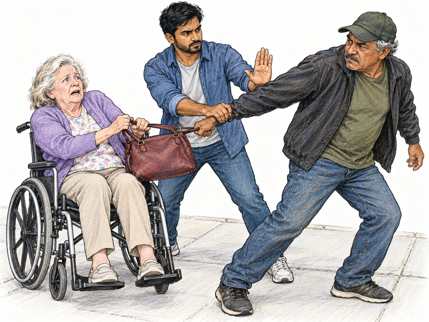 A man forcibly snatches a handbag from a resisting wheelchair user while a stern witness intervenes.