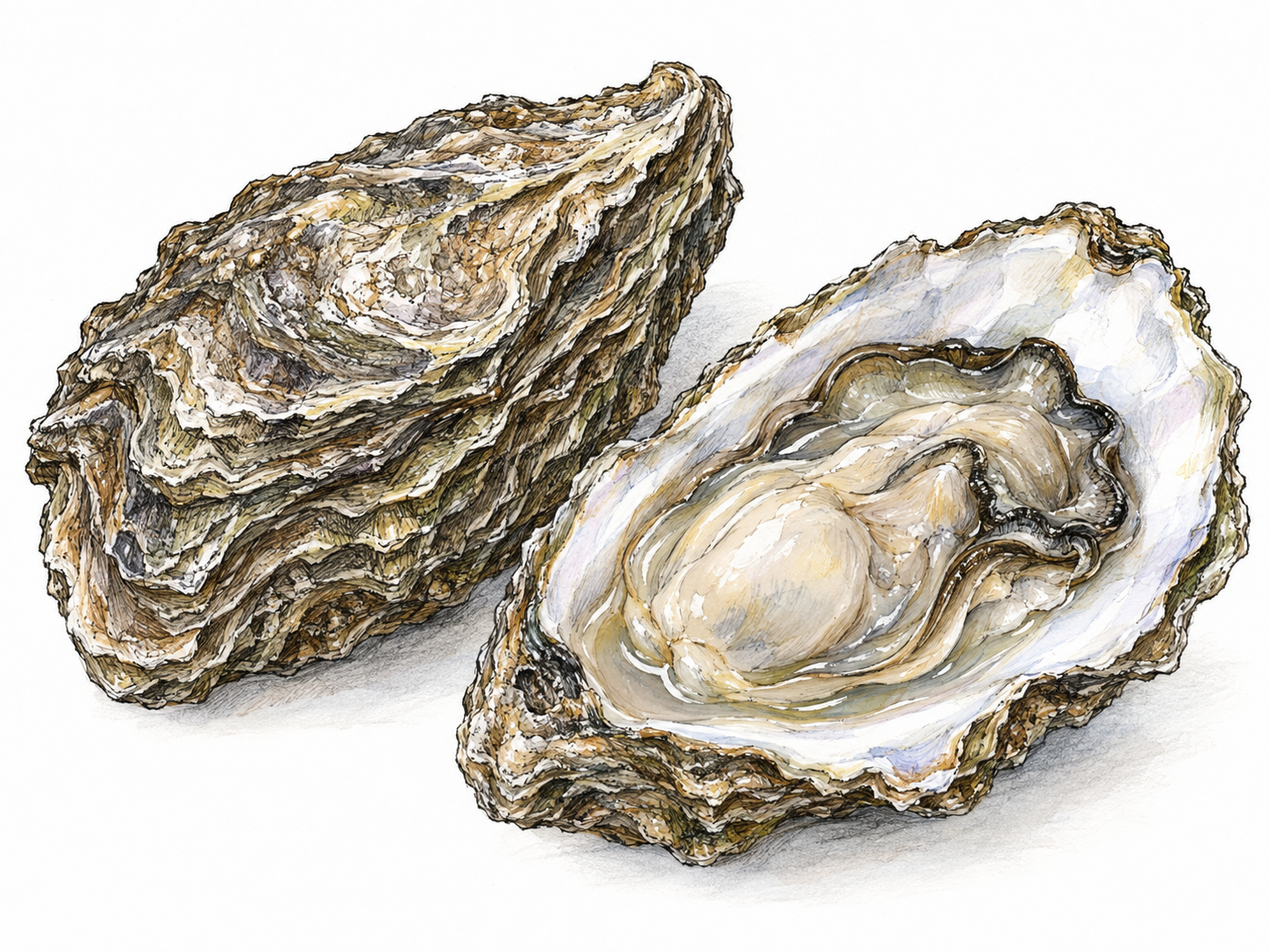 A closed oyster beside an oyster on the half shell, clearly showing the rough, irregular exterior and the moist edible animal inside.