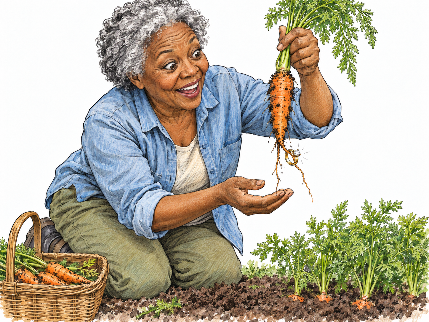 While harvesting carrots, an older woman unexpectedly discovers a gold ring caught around a freshly lifted carrot root.