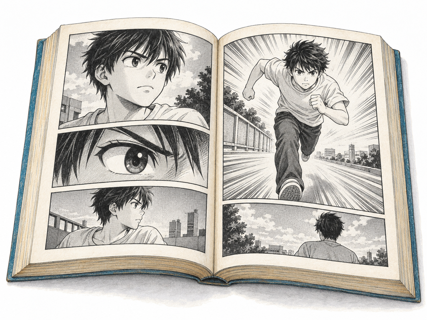 An open Japanese manga paperback shown large enough to reveal black-and-white sequential panels: the same expressive teenage protagonist appears in a large eye close-up and a dynamic action scene with characteristic manga speed lines and screentone shading.