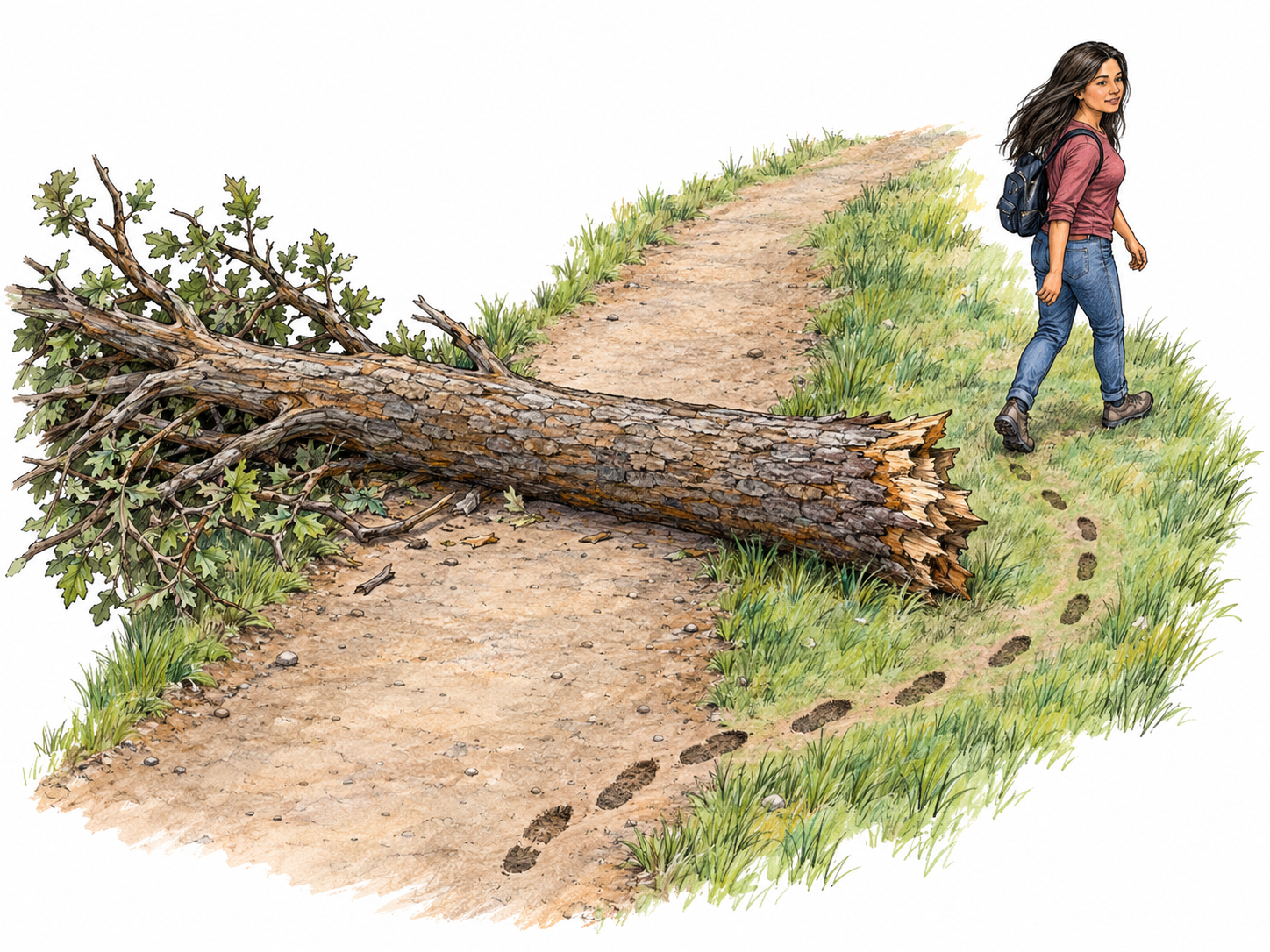 A walker bypasses a fallen tree blocking a footpath, following a short curved detour around its end and rejoining the clear path beyond.