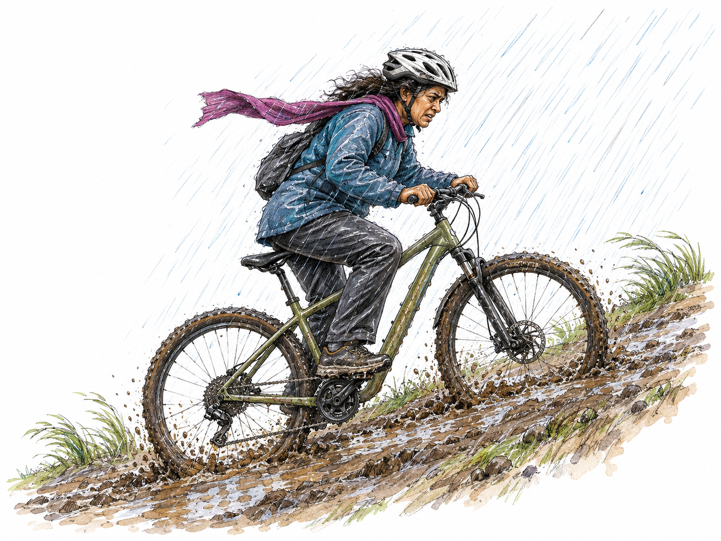 A cyclist struggles uphill into strong wind and driving rain.