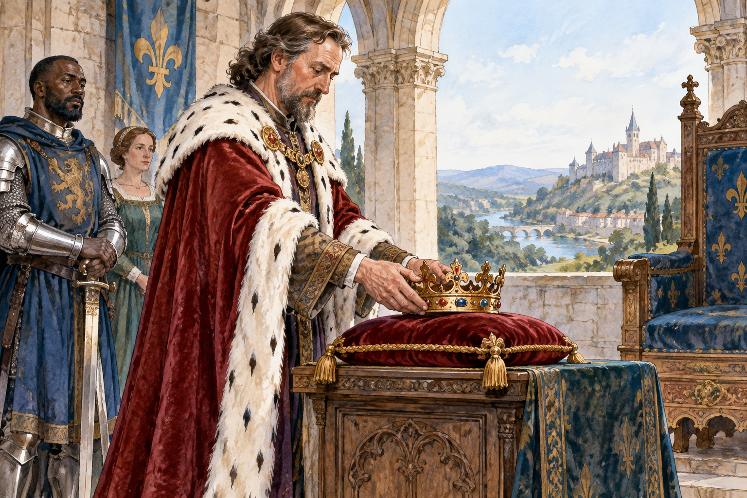A medieval monarch voluntarily lifts a crown from their head and places it on a cushion, calm deliberate surrender of throne.