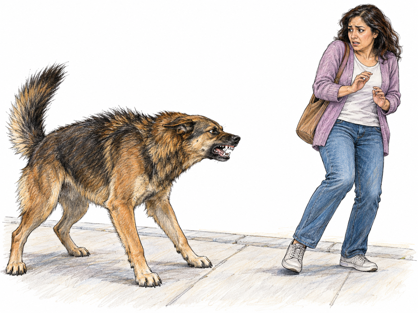 A loose, snarling dog blocks a pedestrian’s path, visibly threatening her without yet attacking.