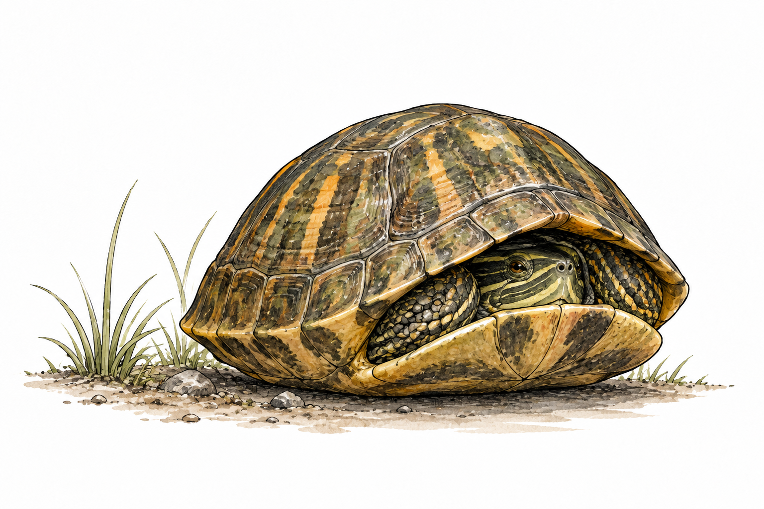 Turtle draws head inward into shell, selected drawing-inward sense.