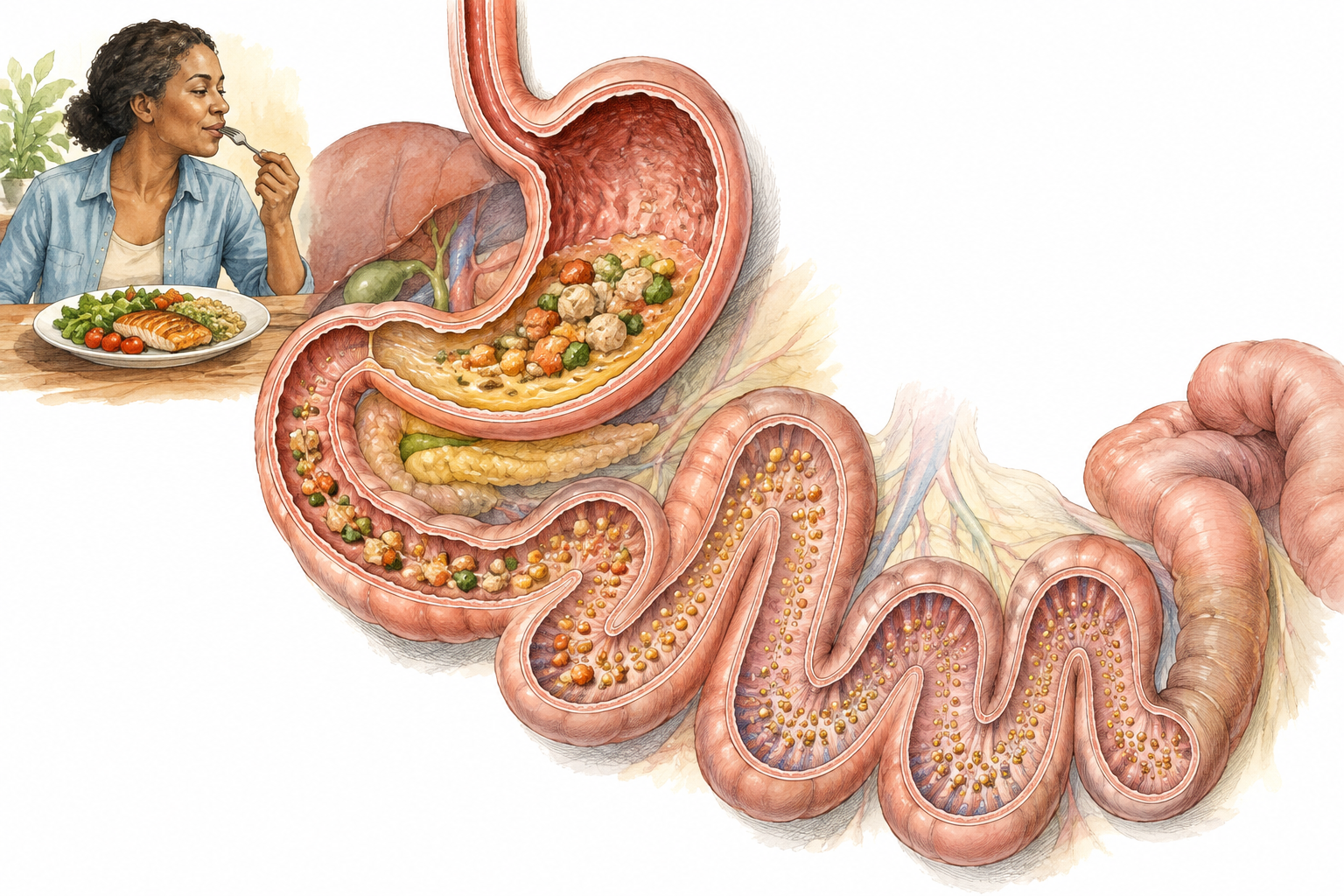 Educational anatomical view of stomach leading into coiled small intestine, food particles gradually become tiny absorbable dots, non-graphic soft natural colors, no labels.