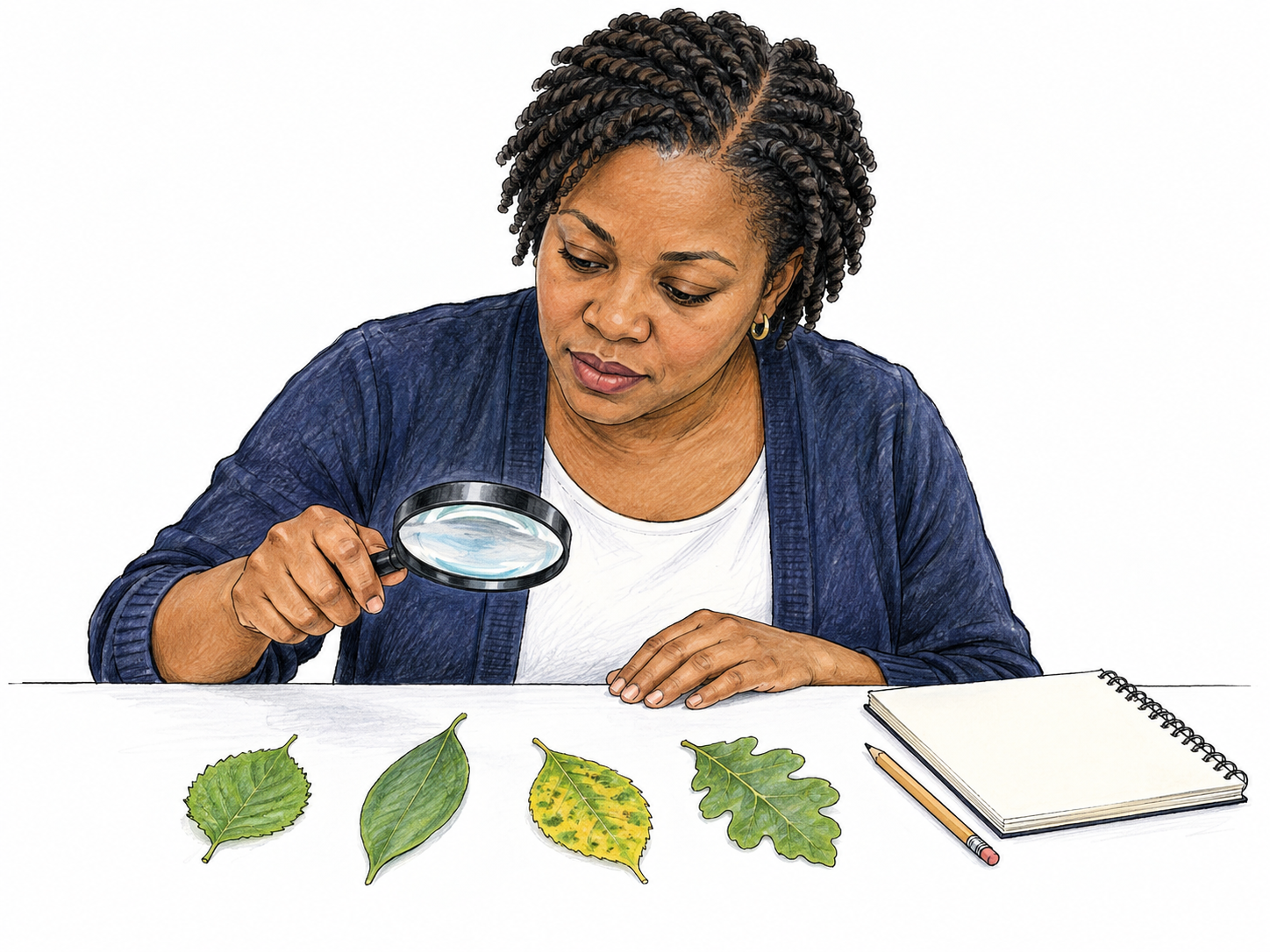 Woman systematically examines a row of four small plant leaves on white table with handheld magnifying glass, gaze following leaves, blank notebook nearby, careful quick inspection rather than reading text, white setting.