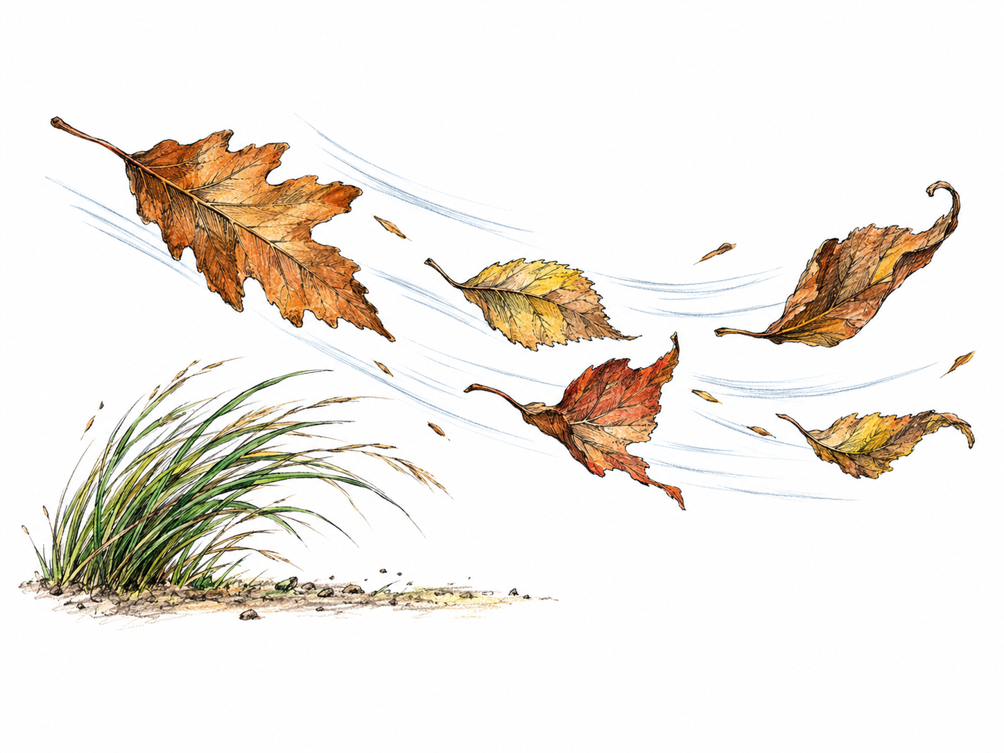 A sudden gust sweeps several dry leaves rapidly past a bending tuft of grass, with sparse flowing ink strokes suggesting the rush of air.