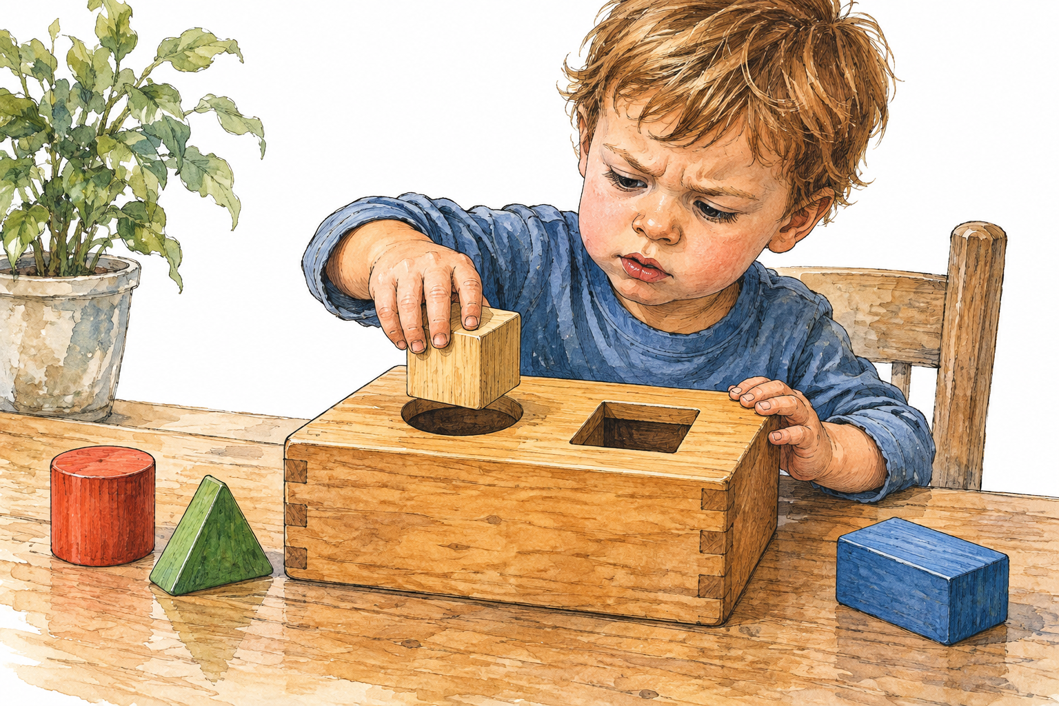 Child puts square wooden block into round hole while appropriate square opening sits beside it, wrong choice shown clearly without text.