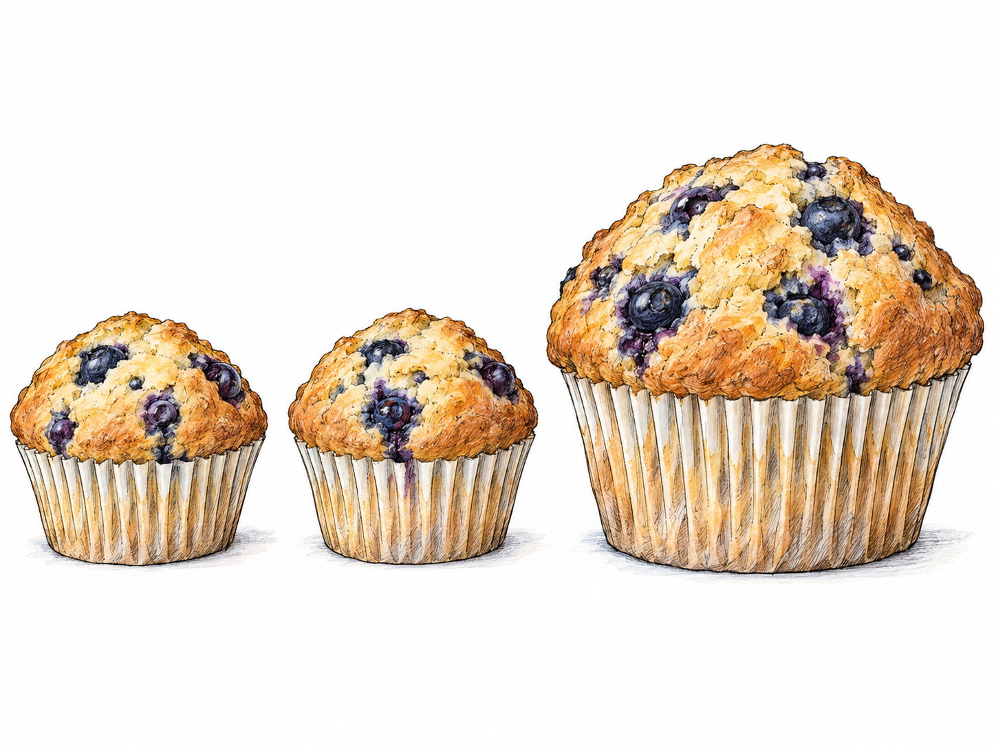 One jumbo muffin beside two ordinary-sized muffins of the same kind, all resting on the same surface.