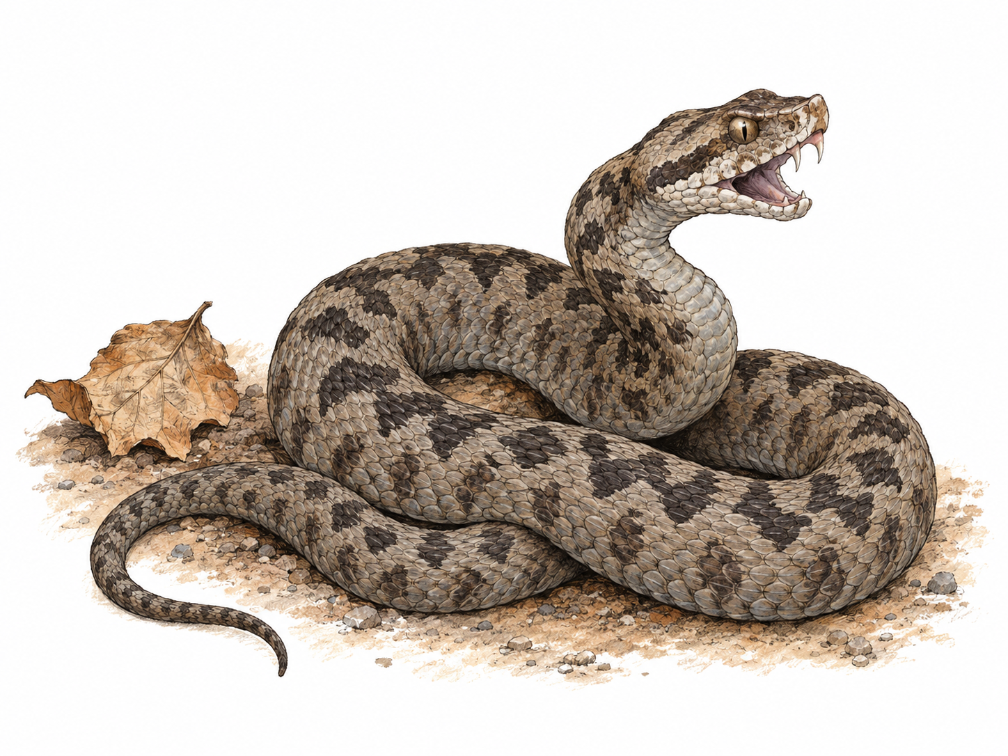 A small asp viper loosely coiled beside a dry leaf for scale, its raised head and open defensive mouth revealing two short upper fangs.