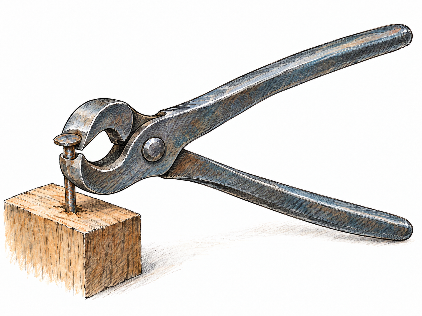 A close-up of steel carpenter’s pincers, with two curved opposing jaws gripping the shaft of a partly raised nail in a small wooden block.