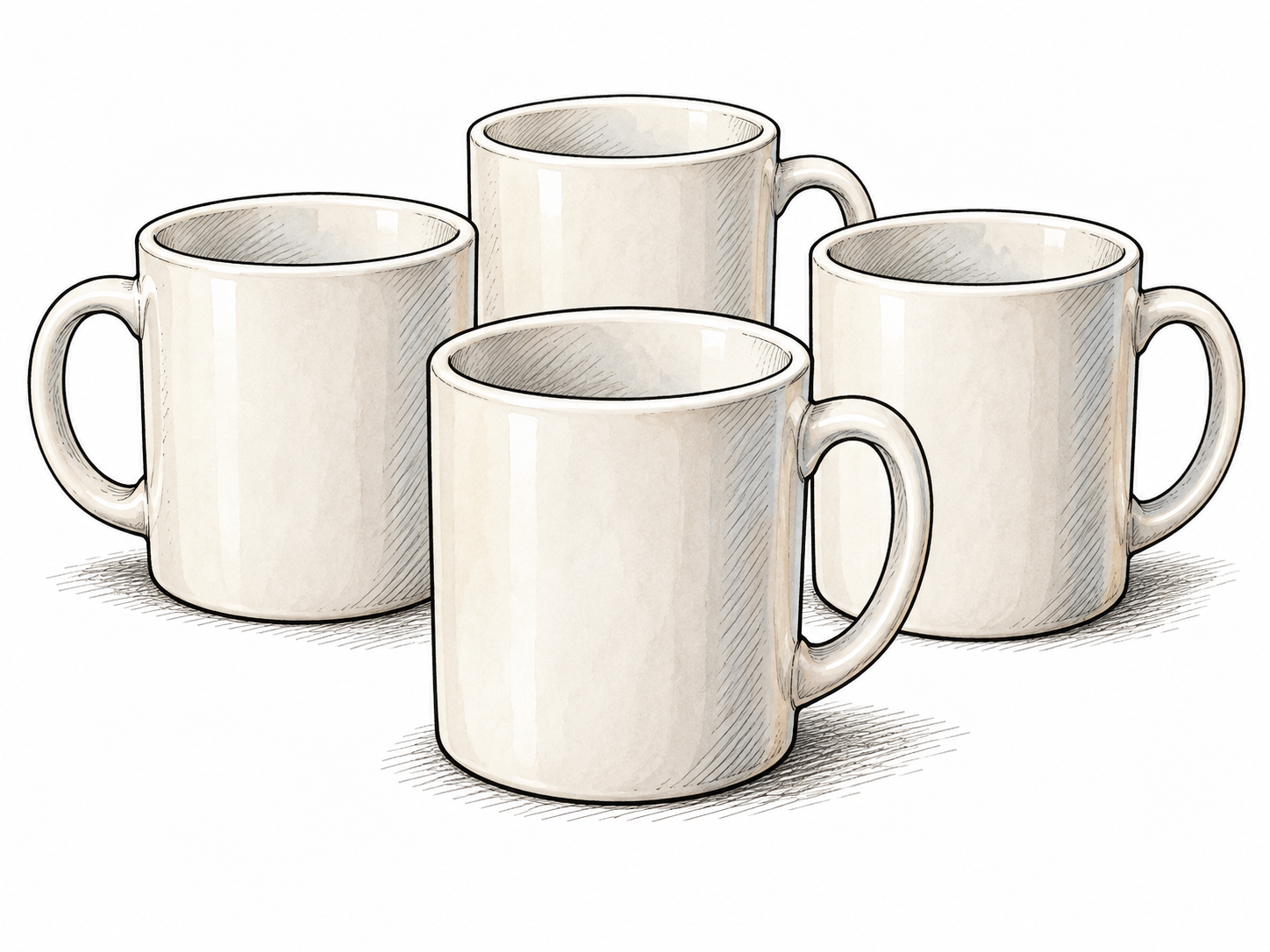 A plain everyday ceramic mug sits among several identical common mugs, no distinguishing ornament.