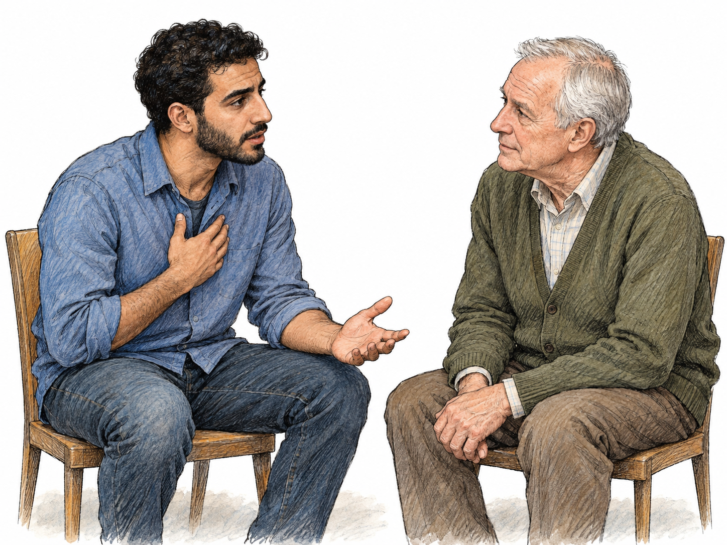 A young man makes an earnest personal appeal to an older man: leaning forward with steady eye contact, a sober, open expression, one hand against his chest and the other extended palm-up.