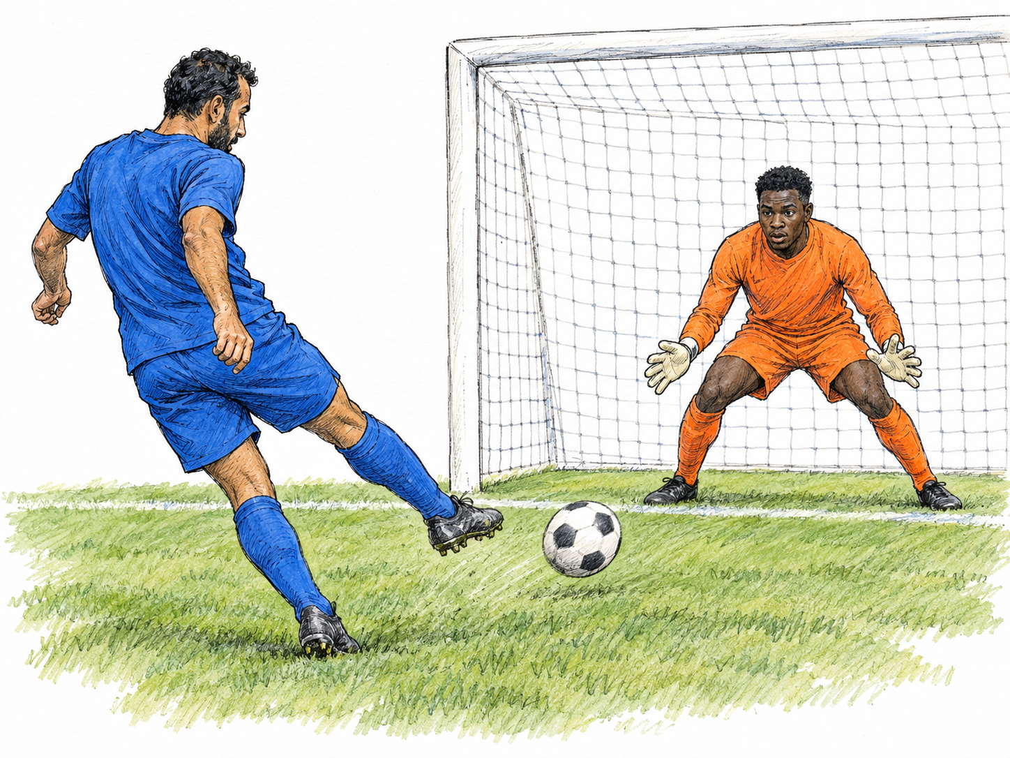 A middle-aged man kicks a soccer ball toward a goal while a young adult goalkeeper prepares to block it, making the sport recognizable in one simple action.