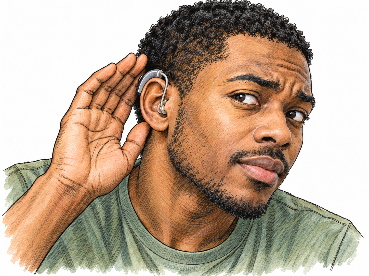 A close three-quarter portrait of a young adult man wearing a clearly visible hearing aid, cupping his hand behind that ear and leaning forward with a focused listening expression.