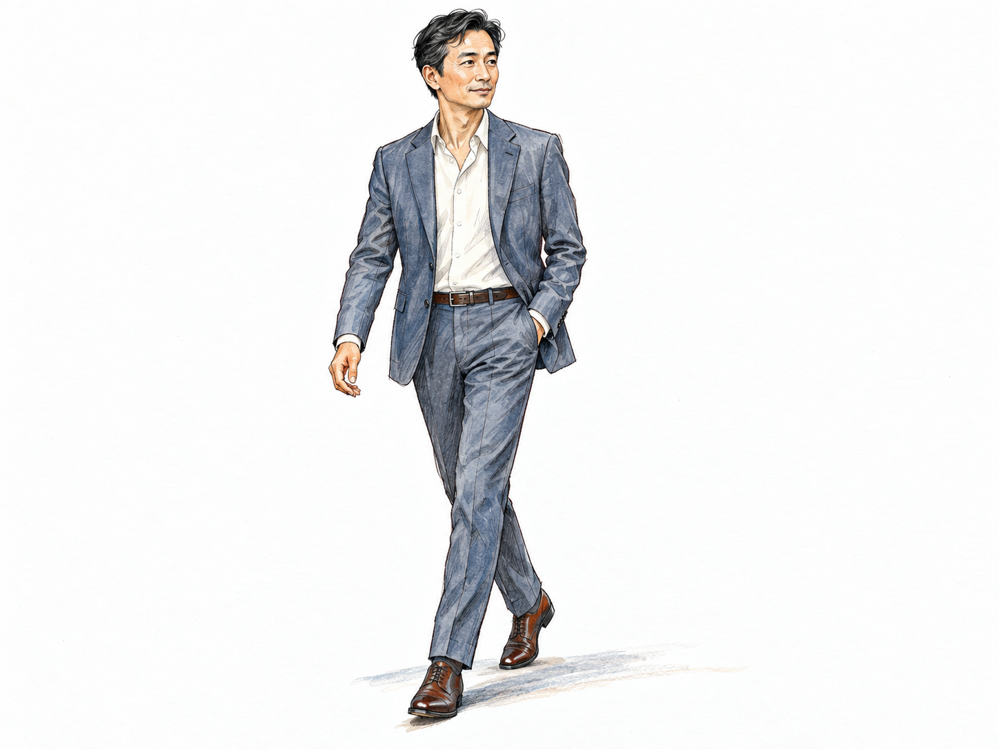 A slender middle-aged man in an impeccably fitted suit takes a relaxed, elegant step, combining a clearly slim silhouette, graceful posture, and understated stylish clothing.