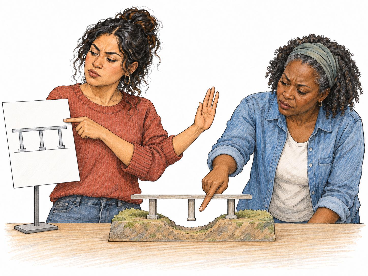 A rigid theorist insists on a diagram showing identical-height bridge supports, despite a tabletop model demonstrating that one support cannot reach the uneven ground.