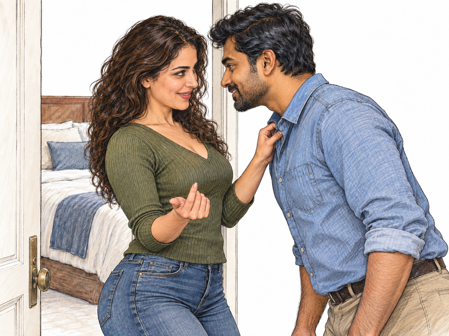 A woman entices a willing man toward intimacy: she beckons him closer from a bedroom doorway while gently touching his shirt collar; his receptive gaze and movement toward her show the invitation taking effect.