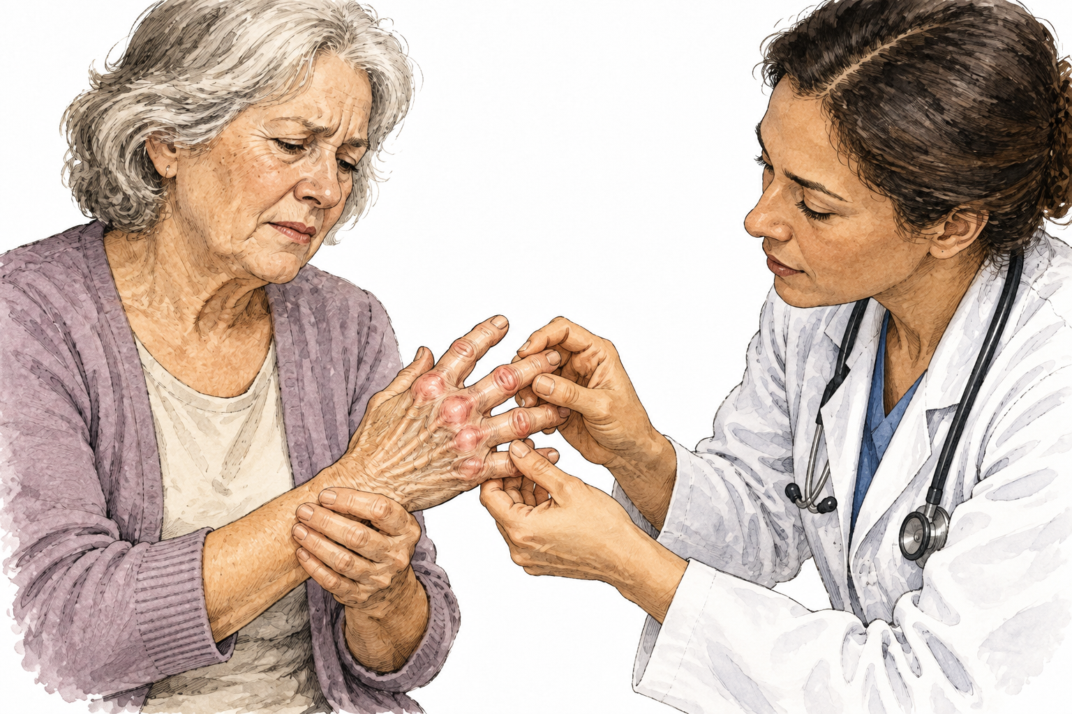 An older adult holds a painful stiff swollen hand while a clinician gently examines the finger joints, subtle warm red shading around joints, non-graphic.