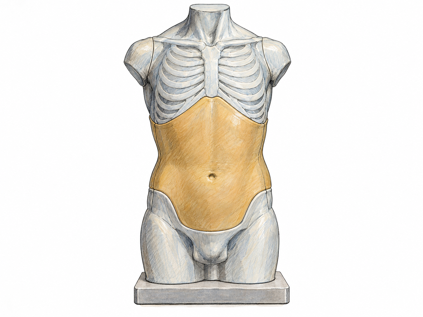 A nonliving anatomical teaching model makes the abdomen recognizable as the broad body region below the chest and above the pelvis.