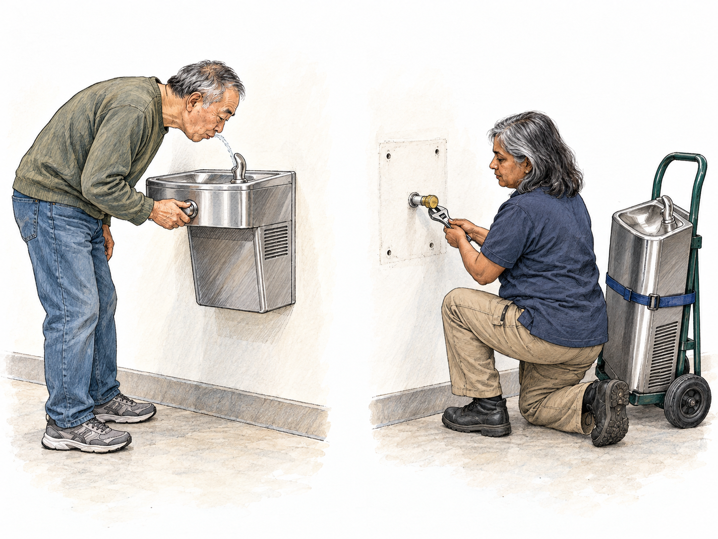 A compact before-and-after scene shows a public drinking-water service being discontinued: an older man drinks from a working wall-mounted fountain, then the fountain is removed and its water connection capped.