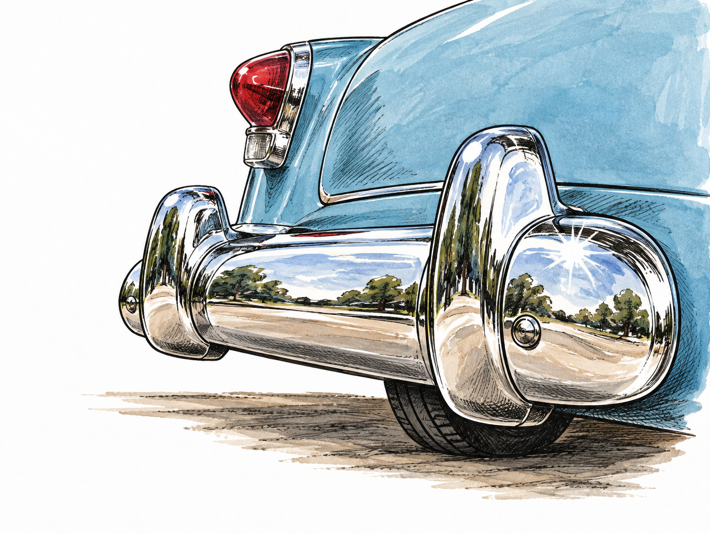A polished chrome-plated classic car bumper reflects its surroundings, shown as an ink illustration.