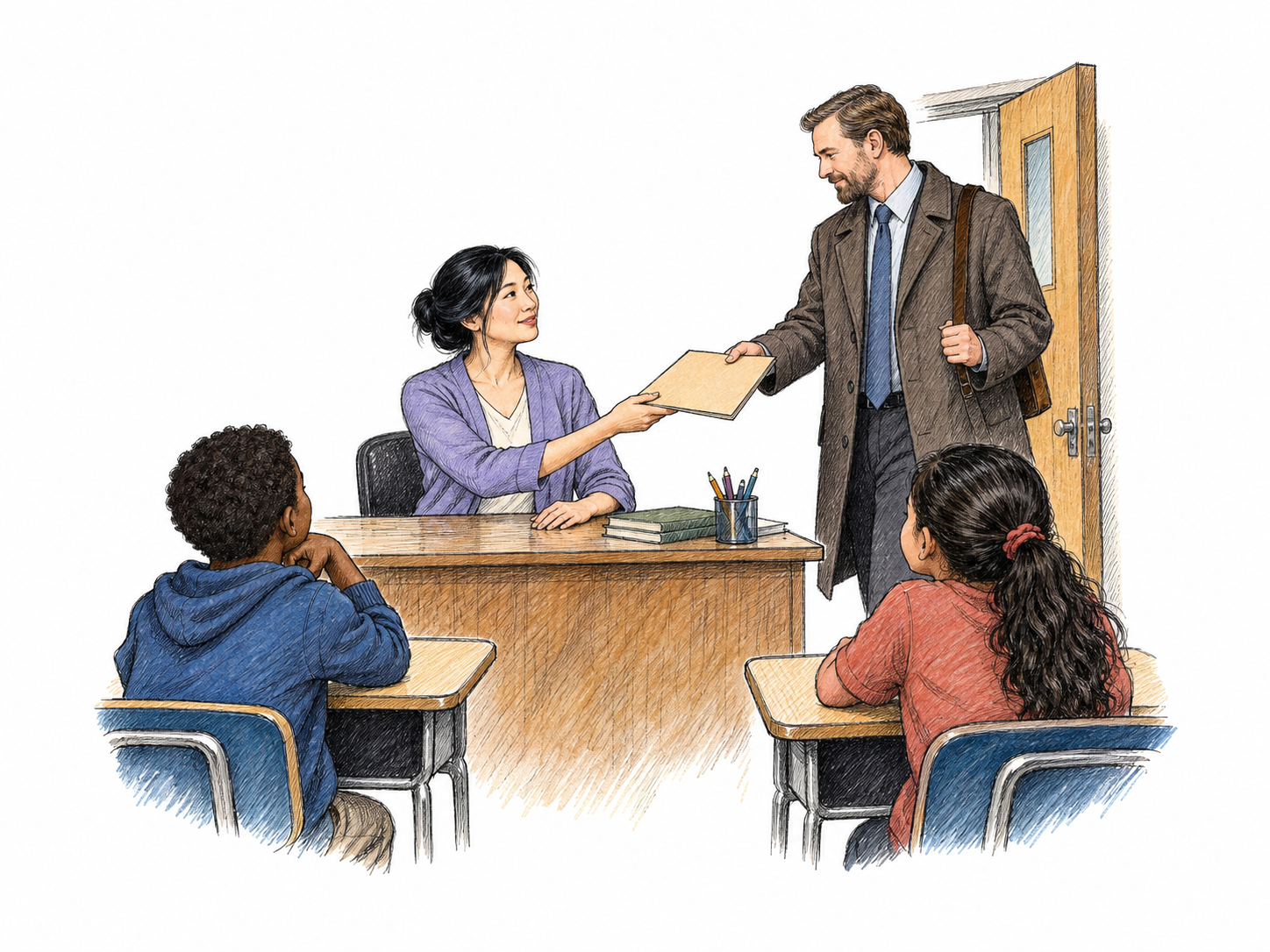 A substitute teacher takes over at a classroom desk while the regular teacher in a coat hands over a plain folder and departs, two children settle to listen to the replacement.