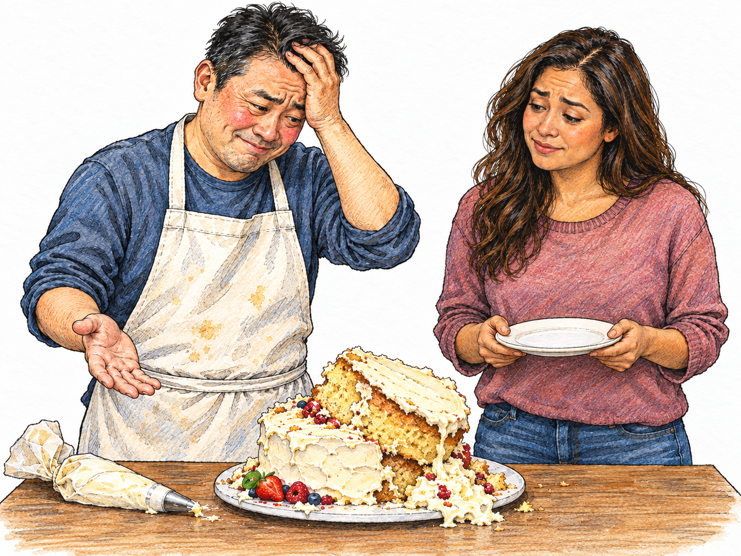 A home baker stands beside his collapsed celebration cake, flushed and sheepish as a guest looks at the failed result.