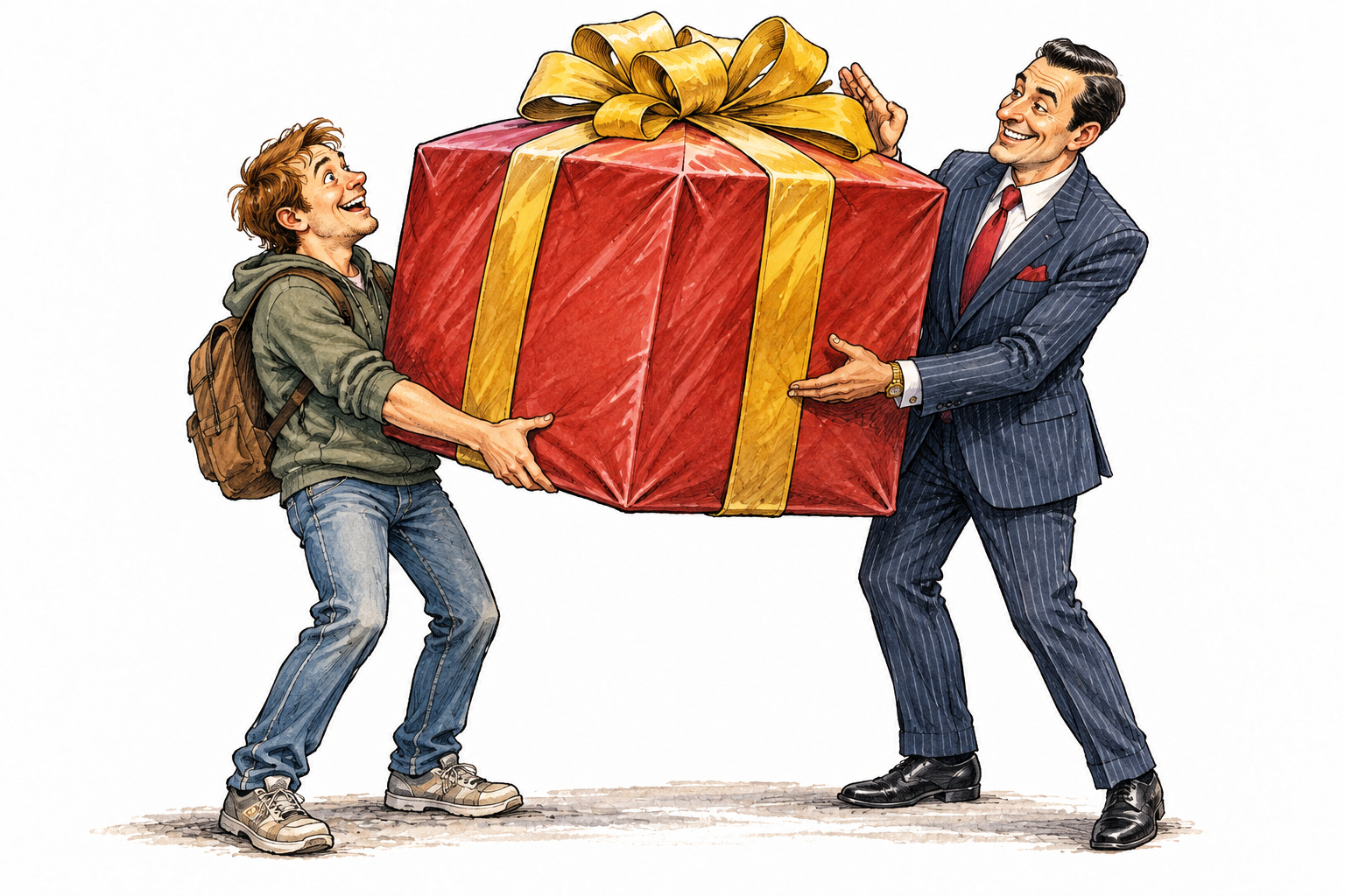 An inexperienced adult eagerly accepts an implausibly large wrapped prize from a slick salesperson, overly trusting expression.