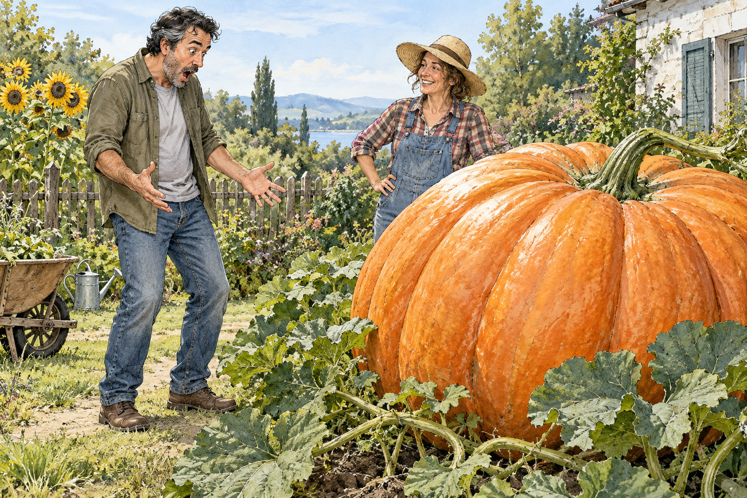 An adult looks astonished and incredulous at an unexpected huge pumpkin in their friend's garden, raised eyebrows and open hands communicate disbelief.