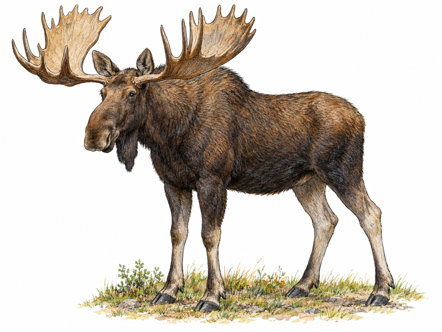 A single adult bull moose in three-quarter view, with its broad palmate antlers, long overhanging muzzle, shoulder hump, and long legs clearly visible.