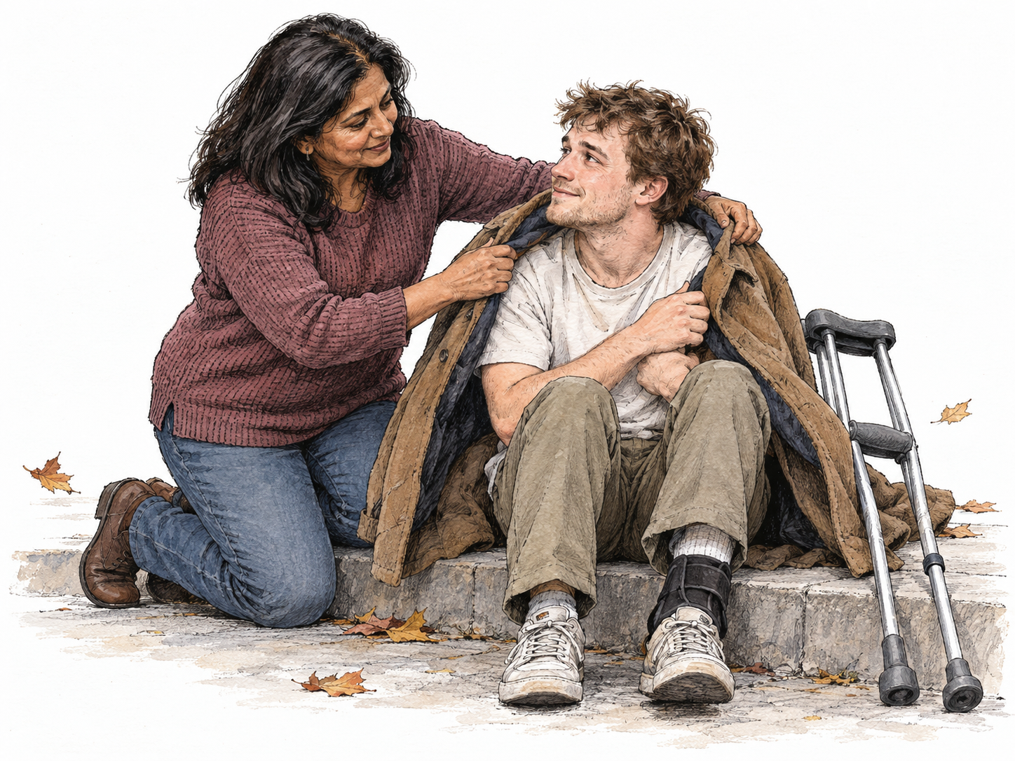 A woman kneels beside a young man seated on a curb with crutches, gently draping her own warm coat over his shivering shoulders.
